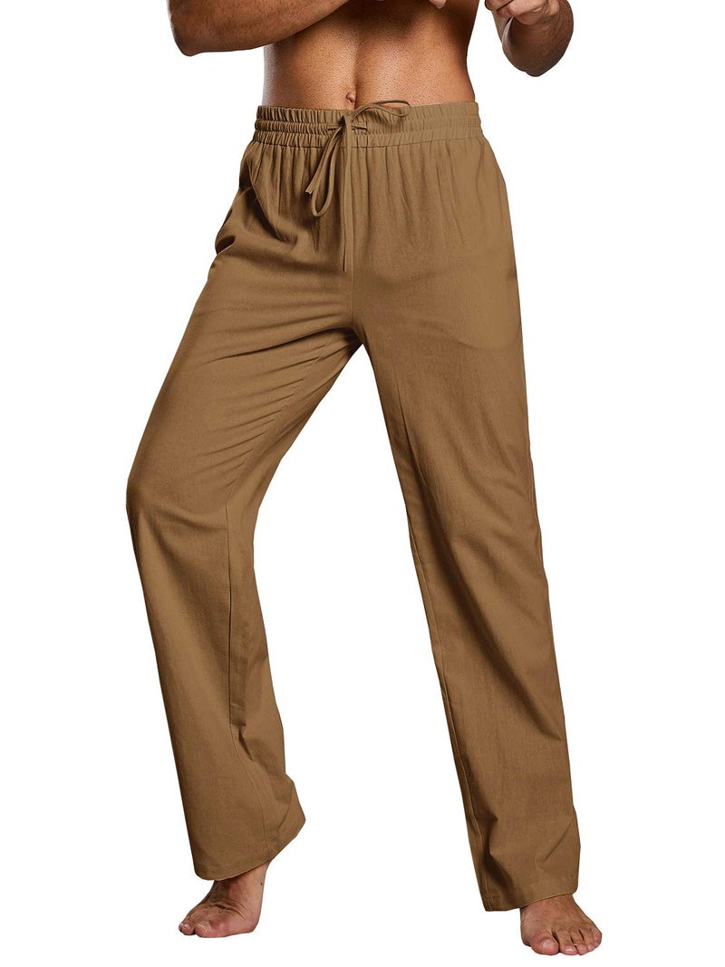 PASLTER Mens Casual Linen Pants Loose Fit Straight-Legs Elastic Drawstring Waist Summer Beach Yoga Long Pants B-Brown - Image 2